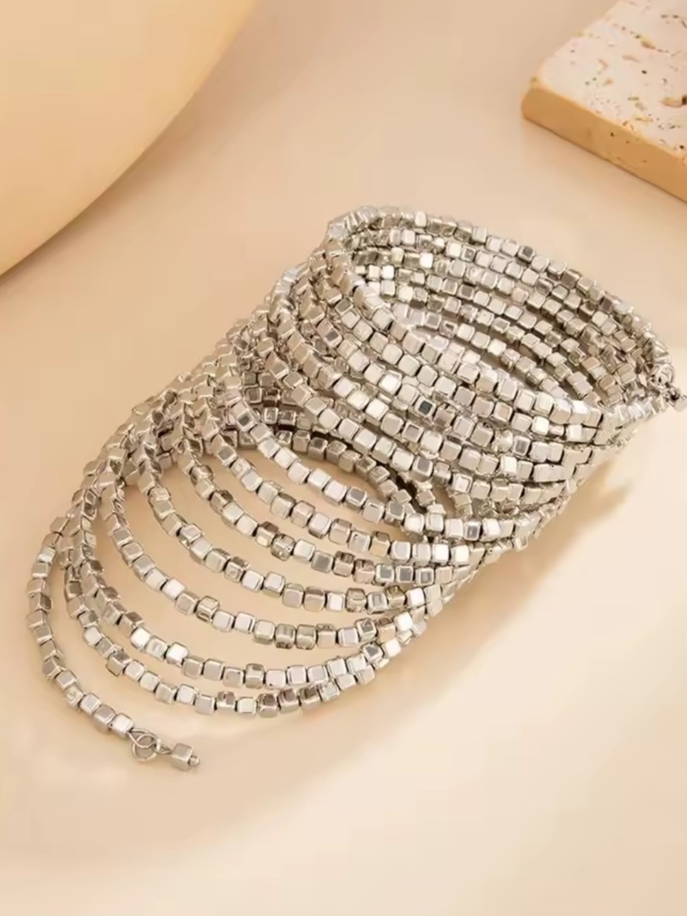 Luxury Silver Multi-Row Beaded Coil Bracelet - Picture 3 of 6